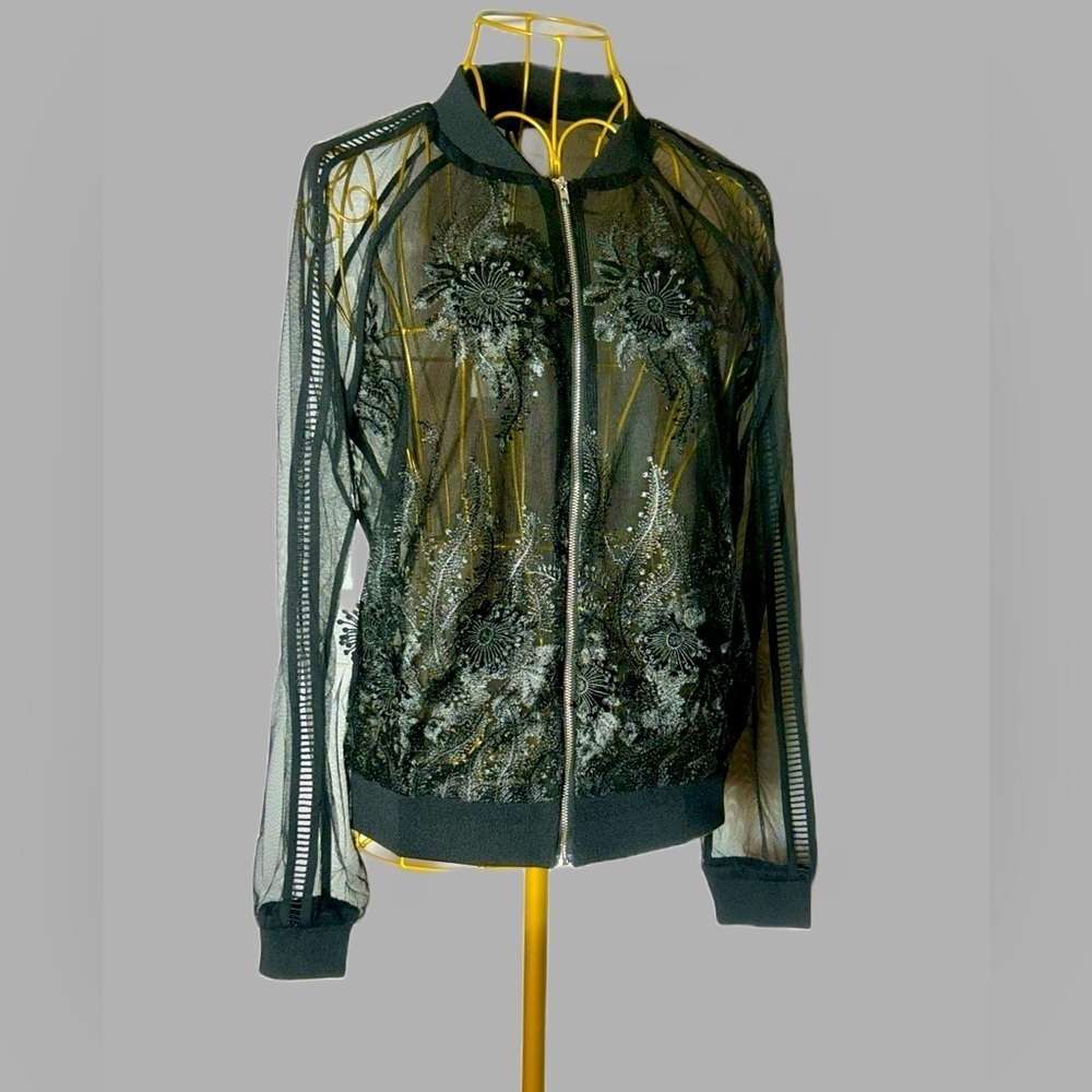 NWT Revolve Endless Rose Lace Mesh Black Bomber Jacket, Zipper, Sizes XS & S - Picture 3 of 16